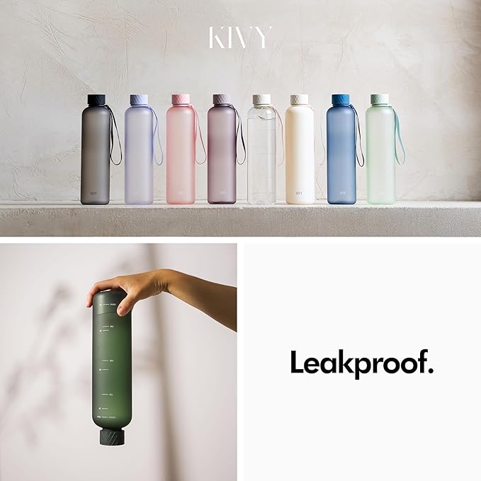 KIVY Slim Water Bottle 32oz [Lightweight & Shatterproof] Fits Backpack & Cupholder for Travel, Sports, School - Beige water bottle no straw - Cute aesthetic water bottles screw top - Dishwasher Safe