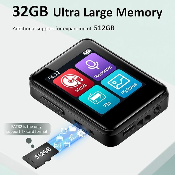 1.8 inch MP3 Player with Bluetooth, 32GB Digital Music Player for Kids, Portable Mini Bluetooth MP3 Player with Speaker Lossless Sound with FM Radio, Voice Recorder, Supports up to 512GB, Black