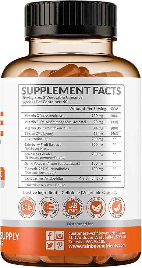 10 in 1 Immune Support Supplement (No Fillers) | Vitamin C, Zinc, Elderberry, Echinacea, Turmeric, Probiotics |Immunity Booster for Multi-System Immune Defense, Respiratory & Gut health |60 Day Supply