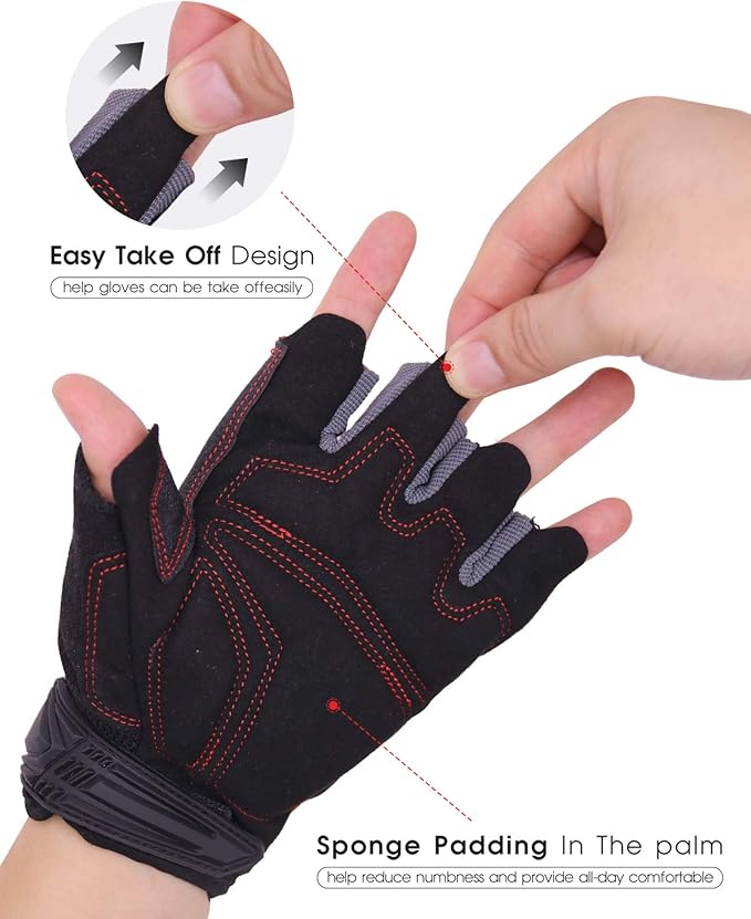 'HANDLANDY Fingerless Work Gloves for Men and Women Utility Padded Half Finger Driving Working Gloves (Small, Red)
