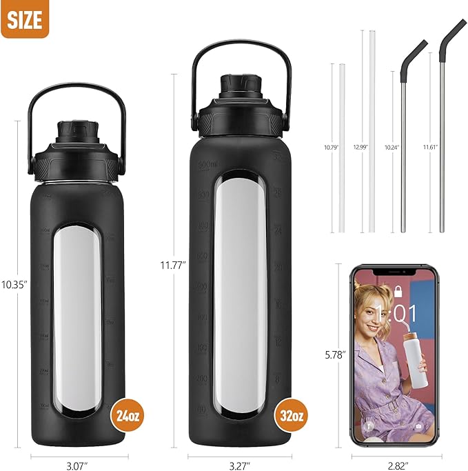 Kodrine Water Bottle with Straw, 24 oz Glass water Bottle with 2 Lids Bamboo Straw Lid and Spout Lid with Handle, 32 oz Clear Water Bottle Glass for Sports Travel, Waterbottle with Time Marker