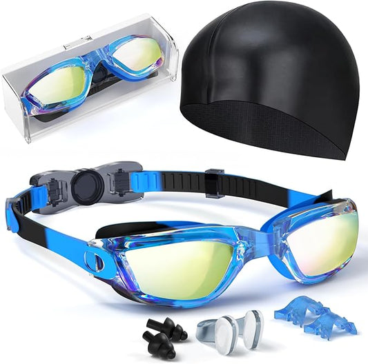 Kids Swim Goggles, Swimming Goggles for Kids Toddlers 3-14 with Swim Cap, Nose Clip, Nose Bridge, Ear Plugs
