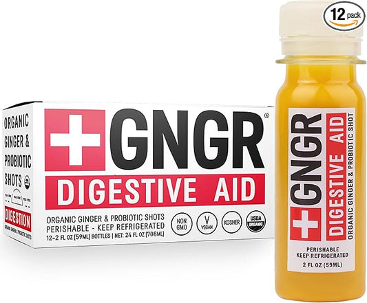 '+GNGR Digestive Aid Organic Ginger Shots with Probiotics, Gut Health, Colon Cleanse, Bloating Relief, Gut Detox, Immunity Shots with Ginger Juice, Turmeric, Black Pepper. (2 Oz, Pack of 12)