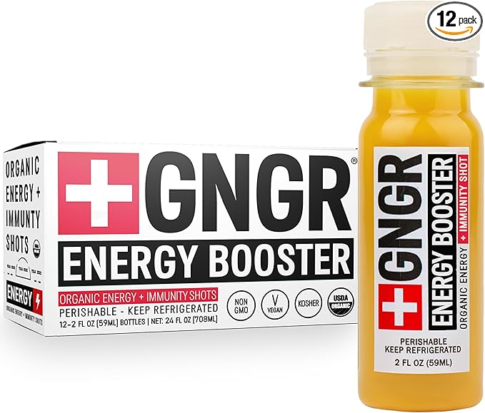 '+GNGR Energy Booster & Immunity Shot, Cold-Pressed Ginger Shots with Lions Mane, 75mg of Natural Caffeine Green Tea, Turmeric Root, Vitamin D & Zinc for All Natural Immune Support (2 Oz, Pack of 12)