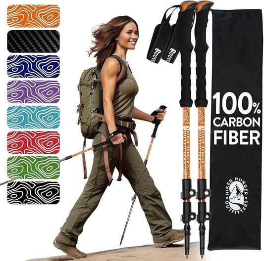 100% Carbon Fiber Trekking Poles by USA Brand - Ultra Strong Lightweight Collapsible Hiking Poles with Cork and EVA Foam Grips & Quick Adjustable Flip Locks