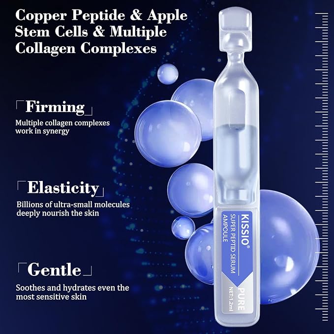 KISSIO Super Peptid Serum Ampoule,Face Serum with Copper Tripeptides,Collagen and Peptides,Hydration and Elasticity,Rejuvenating Facial Serum for Fine Lines and Wrinkles,Makeup Base,30 Ampoule