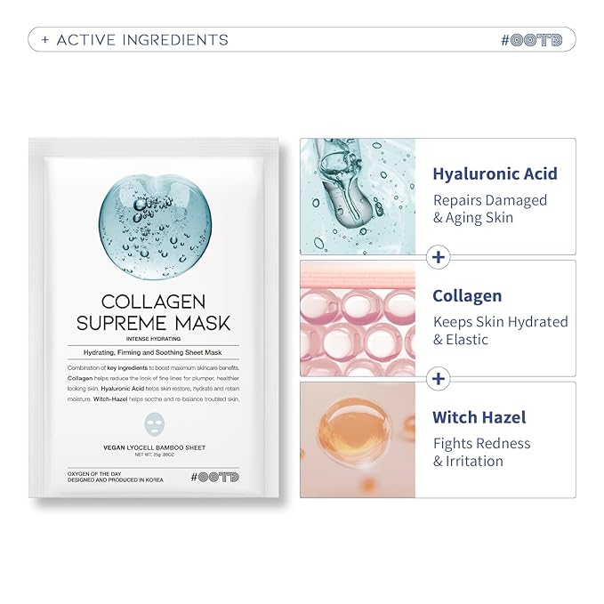 #OOTD Collagen Hydrating Sheet Masks for Face Korean Anti Aging Mask Sheet for Dry Skin & Sensitive Skin, EVE Vegan, Not Tested on Animals, No Parabens, No Sulfates, Hyaluronic Acid, Witch Hazel 10EA
