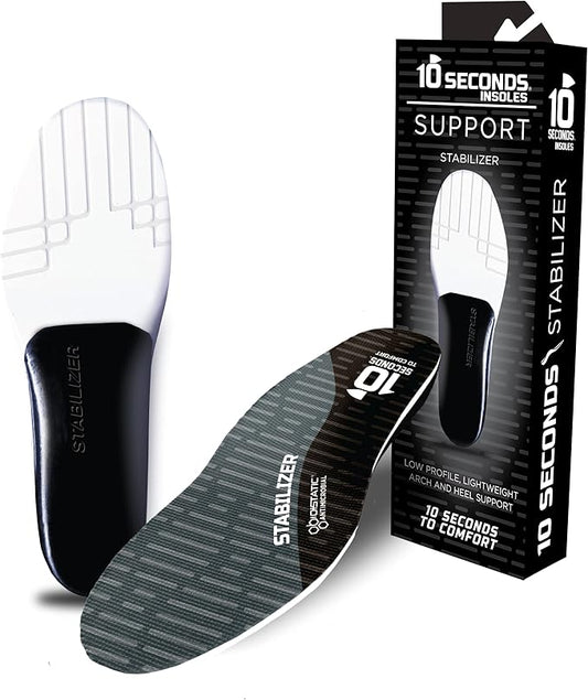 10 Seconds Stabilizer Insole, Medium Corrective Arch, Soft Support, Designed for Instability and Low-Profile Footwear, Deep Heel Cup, Anti Odor and Blister Topper (M 11-12)