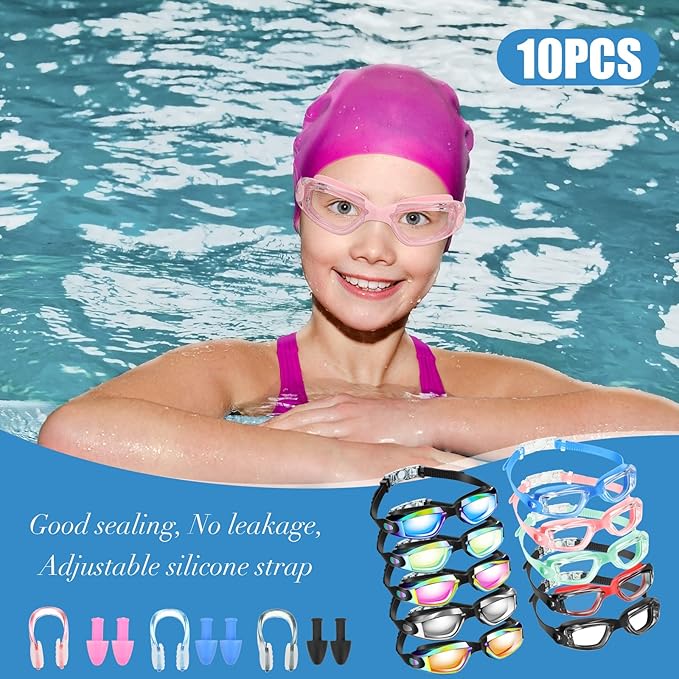 Konohan 10 Pack Swim Goggles Bulk for Kids adult Pool Goggles Anti Fog Silicone No Leak Swimming Glasses for Men Women Youth