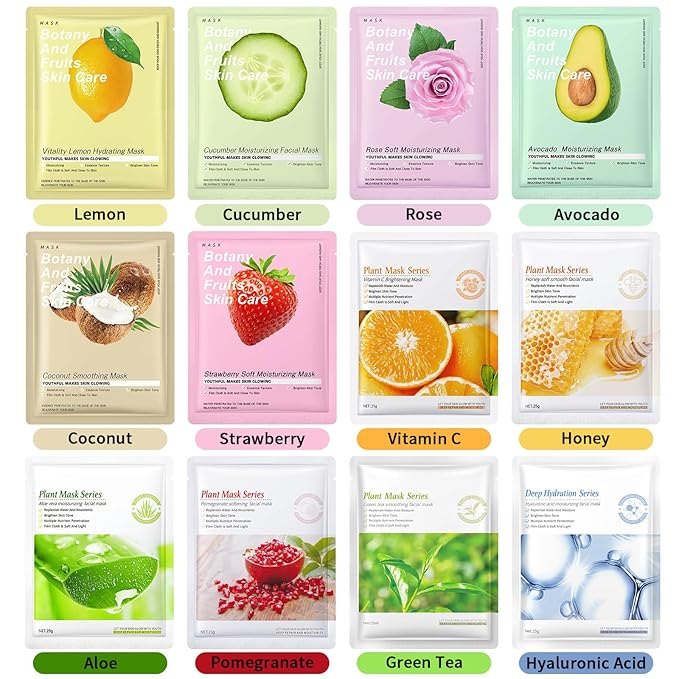 12 Pack Face Masks Skincare, Hydrating Face Masks for Women Skin Care Sheet Face Mask for Kids Teens Girls, Face Sheet Mask for All Skin Types, Skincare Set Gift Spa Party Favors for Girls Teens Women
