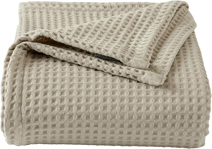 100% Cotton Waffle Weave Bed Blanket | Soft, Breathable, and Lightweight Blanket for All-Season | Perfect for Layering | Brielle Collection (King, Linen)