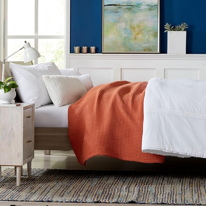 100% Cotton Waffle Weave Bed Blanket | Soft, Breathable, and Lightweight Blanket for All-Season | Perfect for Layering | Brielle Collection (Full/Queen, Burnt Orange)