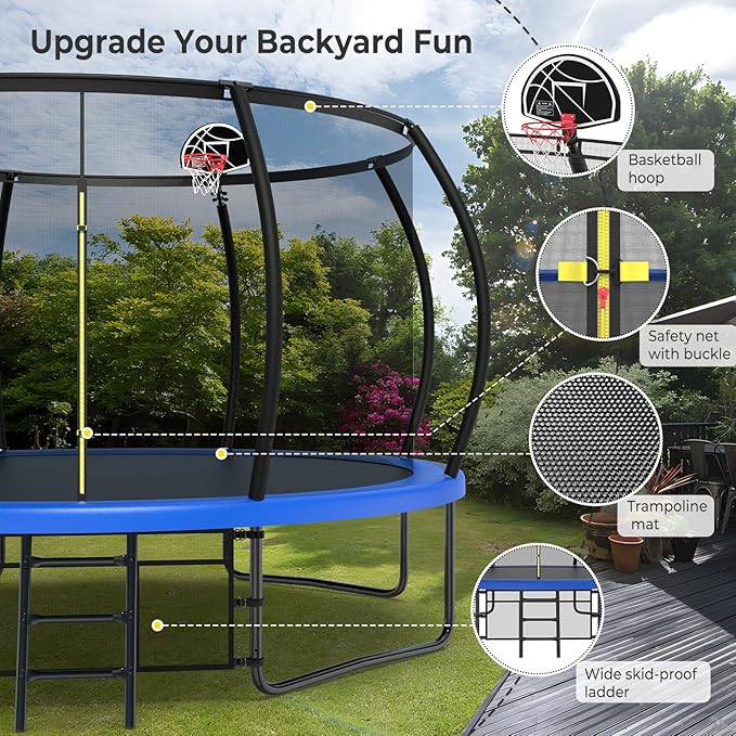10 12 14 15 16FT Outdoor Trampolines for Kids and Adults, Pumpkin Trampoline with Curved Poles, Recreational Trampoline with Basketball Hoop and Safety Enclosure Net for Kids and Adults