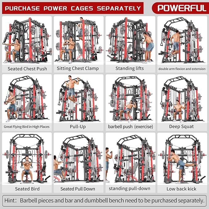 Smith Machine Power Rack Multifunctional Power Cage Deep Squat Rack Cable Crossover System Selectable More Training Attachment for Garage & Home Gym