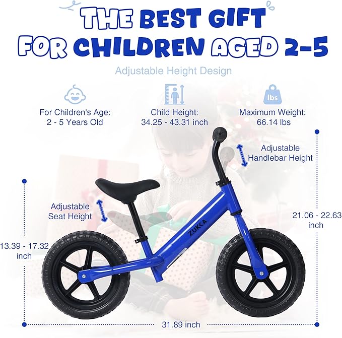 12 inch Toddler Balance Bike Adjustable Handlebar & Seat Anti-Slip Grip Suitable for 2-5 Years Old with Footrest Lightweight for Tolddlers Boys Girls Multiple Colors to Choose