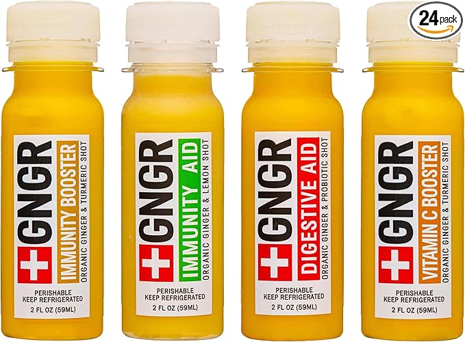 '+GNGR 24 Shots Variety Pack of Organic Immunity Boosting Ginger Shots - Cold Pressed Ginger Shots for All Natural Digestive and Immune Support - Nothing Artificial - USDA Organic (2 Fl Oz, 24 Pack)