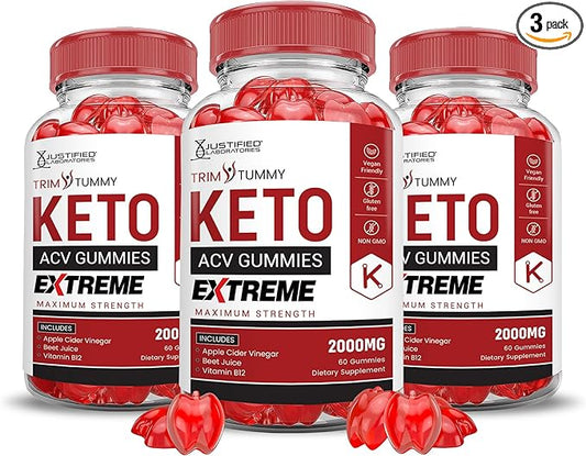 (3 Pack) Trim Tummy Keto ACV Gummies Extreme 2000MG Trim Tummy Keto Gummies Apple Cider Vinegar Formulated with Pomegranate Beet Juice Powder B12 Vegan Non GMO 180 Gummys