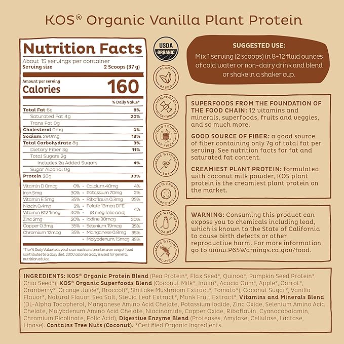 KOS Vegan Protein Powder Erythritol Free, Vanilla - USDA Organic Pea Protein Blend, Plant Based Superfood Rich in Vitamins & Minerals - Keto, Dairy Free - Meal Replacement for Women & Men, 15 Servings
