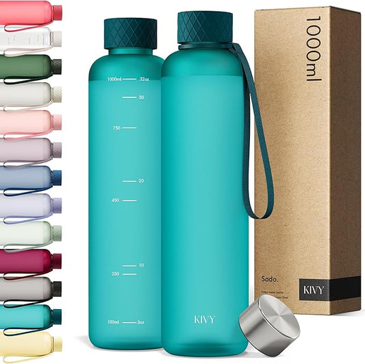 KIVY Slim Water Bottle 32oz [Lightweight & Shatterproof] Fits Backpack & Cupholder for Travel, Sports, School, Gym - Teal green water bottle no straw - Gym water bottle screw top - Dishwasher Safe