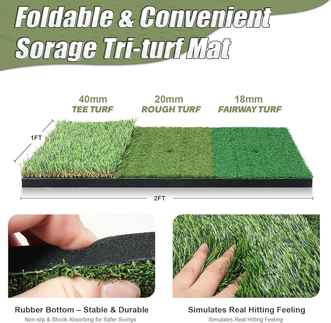 10x7FT Golf Practice Net for Backyard Indoor Outdoor Training, Golf Hitting Net with 3-Color Turf Mat, 5 Golf Balls and Tee, Perfect for Driving, Chipping and Swing Practice