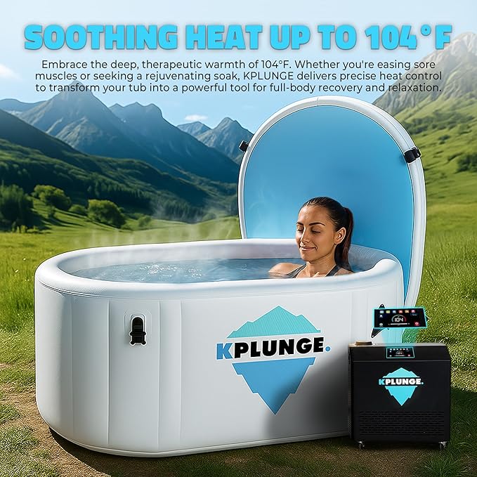 Kodiak 59" 1-Person Inflatable Cold Plunge Ice Bath or Hot Tub with 3/4 HP Chiller and Heater, PVC Insulated Lid, Hand Pump, Repair Kit, 110-Gallon Capacity, Indoor/Outdoor Tub – Gray