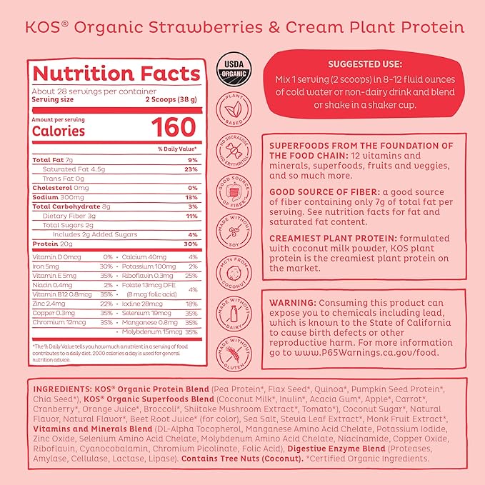KOS Organic Plant Based Protein Powder - Strawberries & Cream - 28 Serving