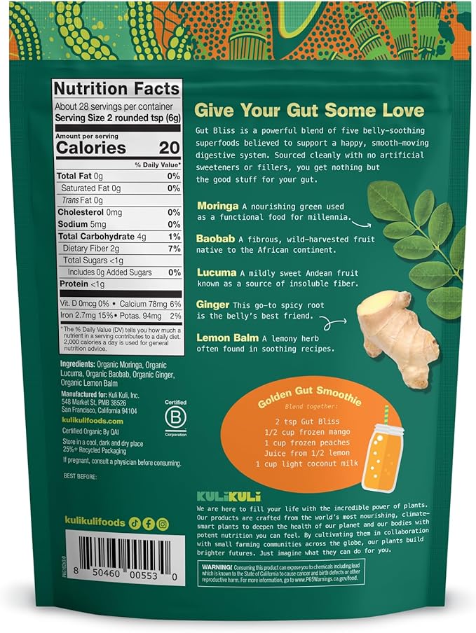 Kuli Kuli Gut Bliss Superfood Powder [6 oz] - Powerful Blend of Organic Moringa, Baobab, Lucuma, Ginger and Lemon Balm - Promote Digestion, Soothe the Stomach and Boost Gut Health