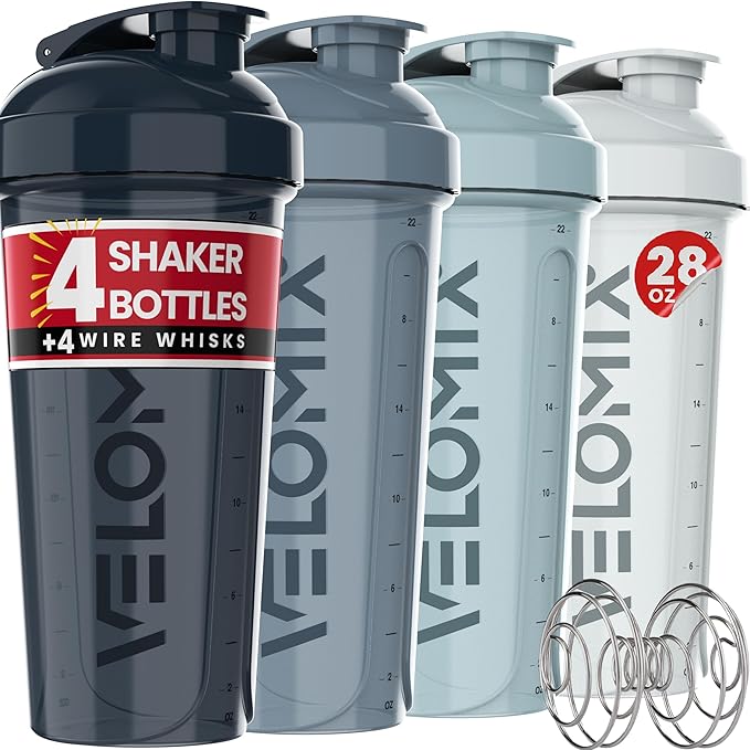'-4 PACK 28 Oz Protein Shaker Bottle for Protein Mixes - 4x Wire Whisk | Leak Proof Shaker Cups for Protein Shakes | Protein Shaker Bottle Pack | Protein Shake Cup (Aqua Depths)