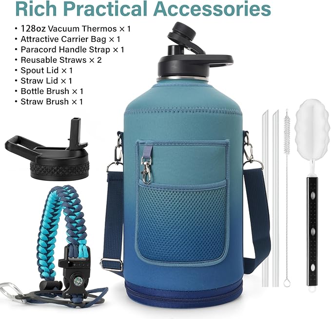 1 Gallon Water Bottle Insulated | Thickened Stainless Steel Vacuum Metal Water Jug | Portable Sports Large for Gym and Hiking with Straw, Carrier Bag, Handle Strap | BPA-Free 128 oz