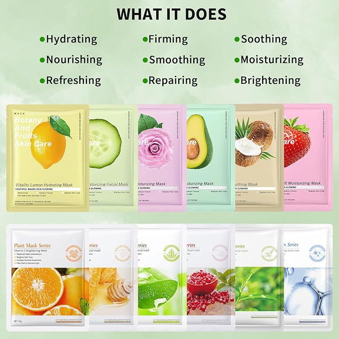 12 Pack Face Masks Skincare, Hydrating Face Masks for Women Skin Care Sheet Face Mask for Kids Teens Girls, Face Sheet Mask for All Skin Types, Skincare Set Gift Spa Party Favors for Girls Teens Women