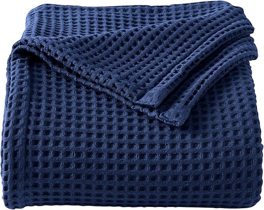 100% Cotton Waffle Weave Bed Blanket | Soft, Breathable, and Lightweight Blanket for All-Season | Perfect for Layering | Brielle Collection (Full/Queen, Navy)