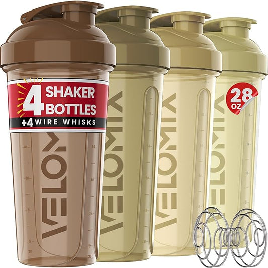 '-4 PACK- 28 oz Protein Shaker Bottle for Protein Mixes - 4x Wire Whisk | Leak Proof Shaker Cups for Protein Shakes | Protein Shaker Bottle Pack | Protein Shake Cup (Brown)