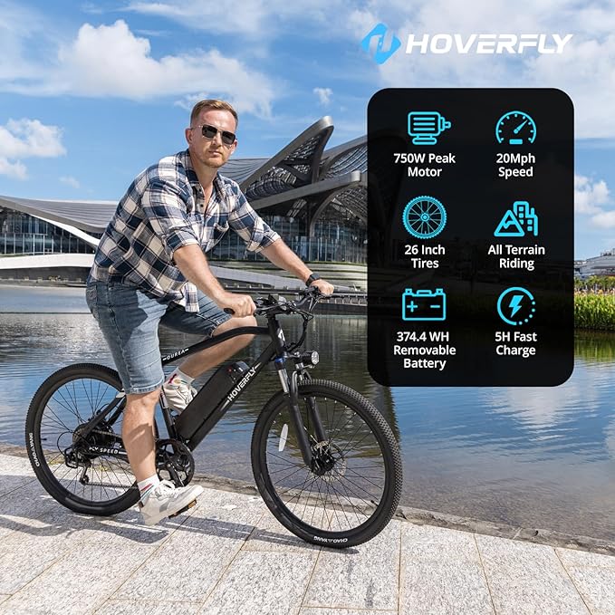 HOVERFLY OUREA 26" Electric Bike for Adults, 750W Peak Motor Mountain Ebike, 20MPH Up to 40 Miles, UL2849 Certified, 7-Speed, Removable Battery, Shock Absorber, Fat Tire Commuter E-Bike