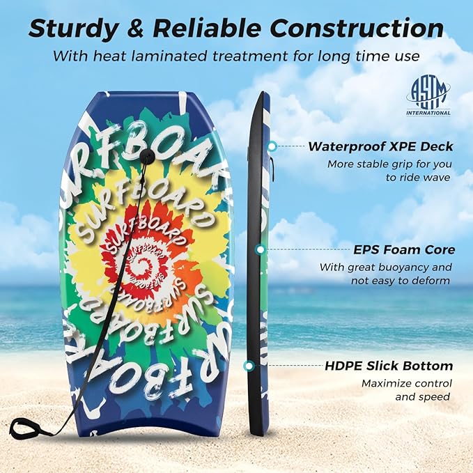 KOTEK 33/37/41 Inch Body Board with Wrist Leash, EPS Core, Dual Channel, HDPE Slick Bottom, Bodyboard for All Skill Levels & Wave Conditions