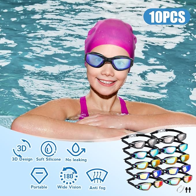 Konohan 10 Pack Swim Goggles Bulk for Kids adult Pool Goggles Anti Fog Silicone No Leak Swimming Glasses for Men Women Youth
