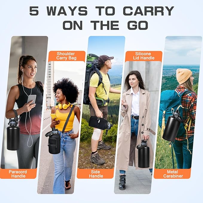 1 Gallon Water Bottle Insulated, Leak Proof 128 oz Stainless Steel Water Jug with Straw/Spout 2-in-1 Lid, Sleeve, Paracord Handle, Silicone Boot, One Gal Metal Canteen for Gym Sports Camping