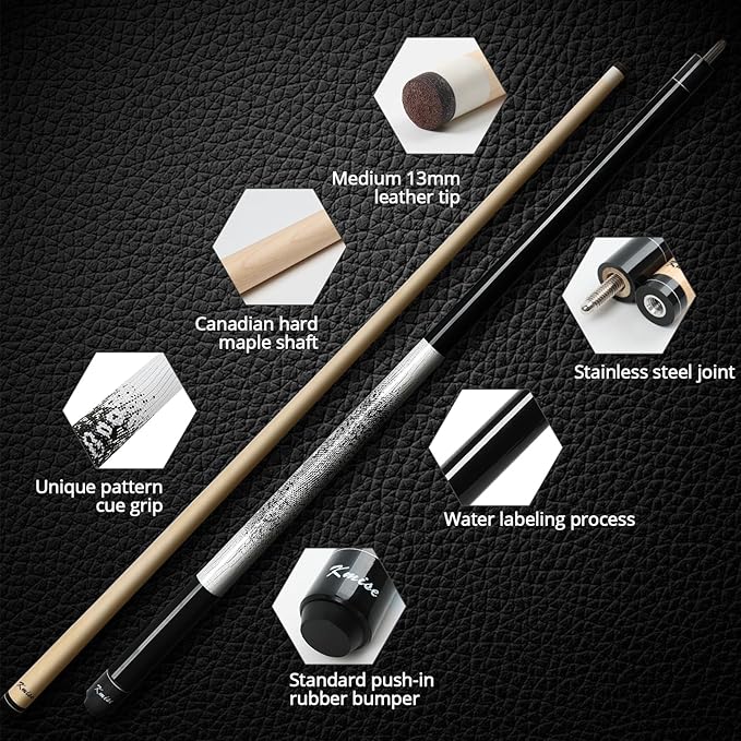 Kmise Professional Low-Deflection Pool Cue Stick, 58'' Canadian Hard Maple Wood Billiard Cue, 13mm Leather Tip, 3D Anti-Slip Grip, Precision Control for Adults/Beginners/Pros