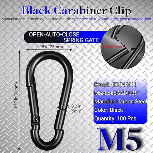 100Pcs 1.97" Spring Snap Hook Carabiners, M5 Galvanized Steel Black Small Carabiner Clip, Keychain Clip, Quick Link Key Chain for Hammock Swing Set Outdoor Travel, Camping, Fishing, Hiking